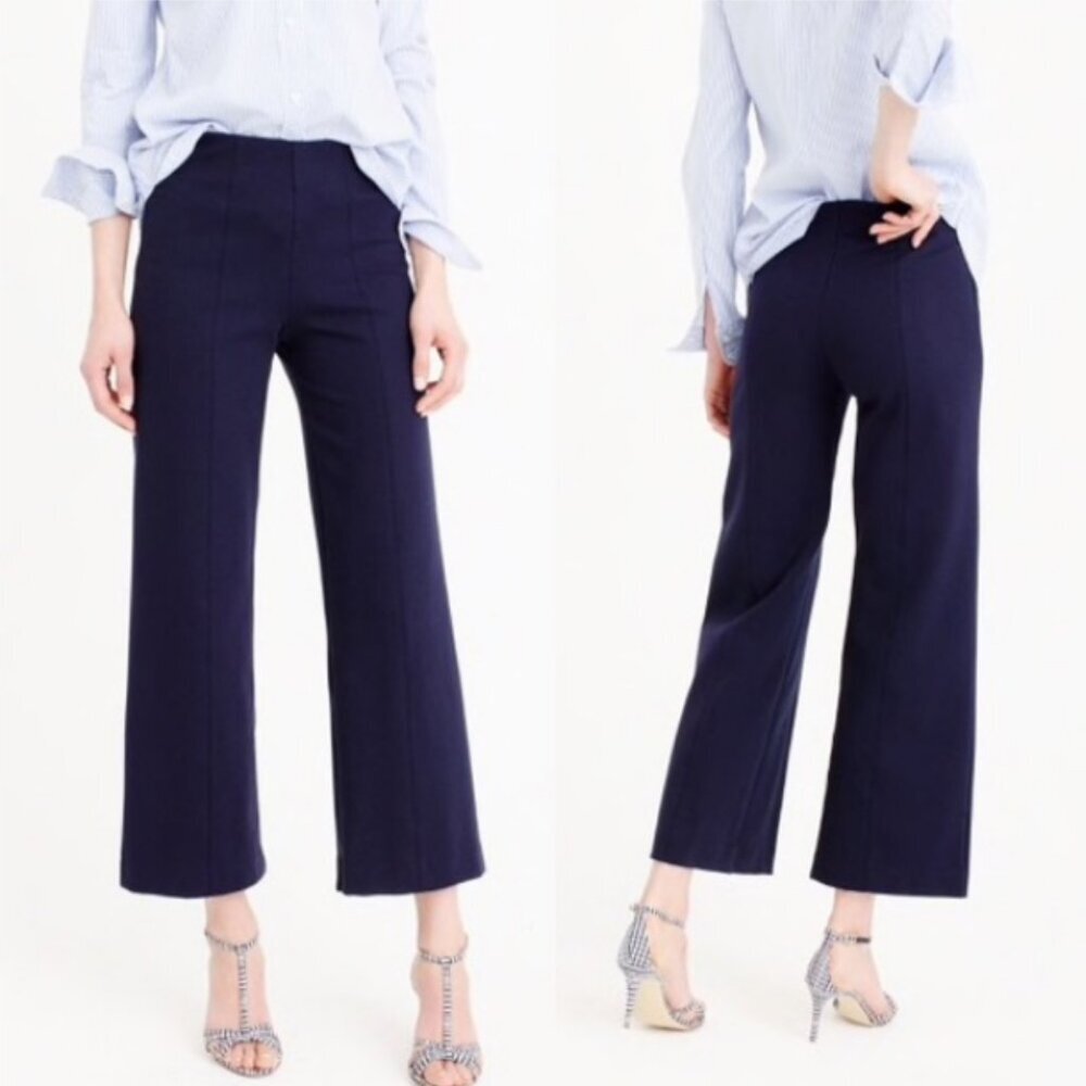 J.CREW Wide Leg Ponte Knit Crop Pants Nautical Preppy Resort Stretch Navy Blue 4